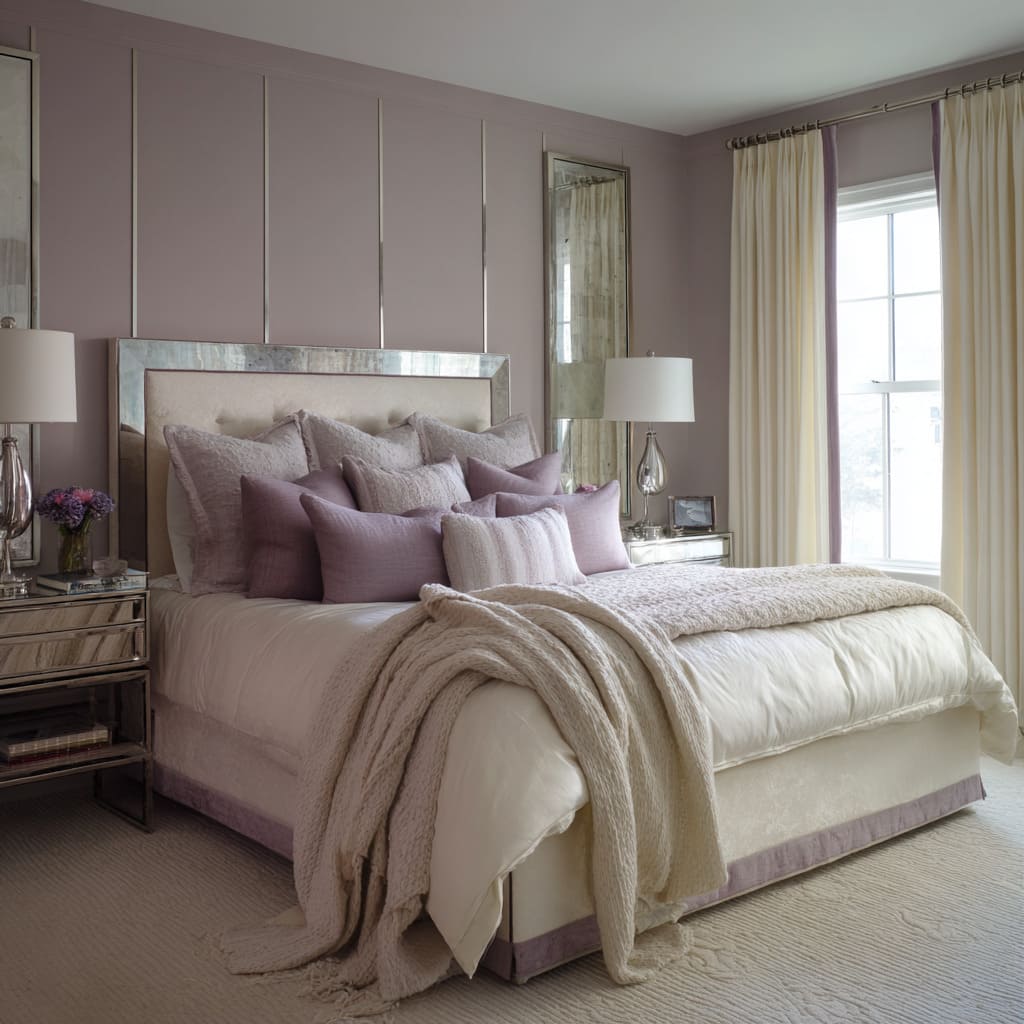 Inspiración en morado y plata con paredes malva, marco de espejo envejecido, colcha crema y cortinas marfil con ribete malva. Inspiración en morado y plata con paredes malva, marco de espejo envejecido, colcha crema y cortinas marfil con ribete malva.
