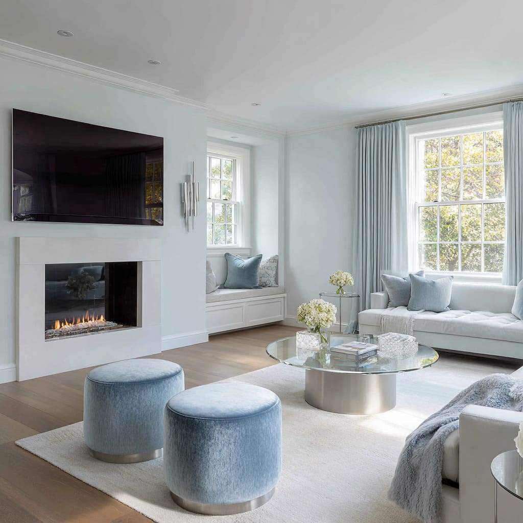 Refined blue and silver living room design featuring silvery-white fireplace, pale ice-blue drapery Refined blue and silver living room design featuring silvery-white fireplace, pale ice-blue drapery