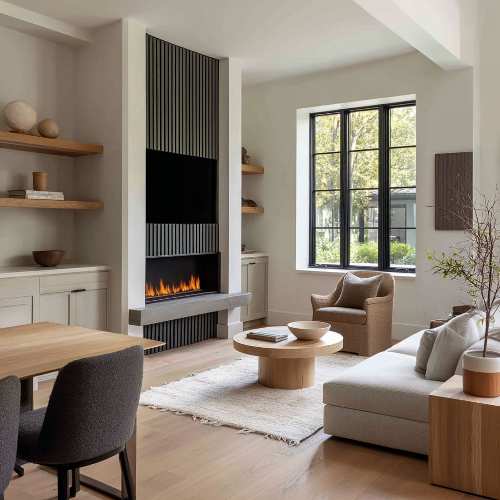 Ribbed charcoal panel, soft stone ledge, compact seating, pale rug, oak shelves, and branch arrangement Ribbed charcoal panel, soft stone ledge, compact seating, pale rug, oak shelves, and branch arrangement