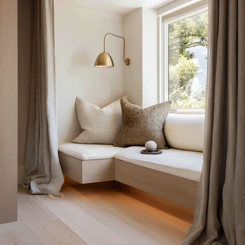 Butaca redonda en rincón con ventana alta, mesa lateral, manta suave, aplique cálido y cortina plisada Butaca redonda en rincón con ventana alta, mesa lateral, manta suave, aplique cálido y cortina plisada