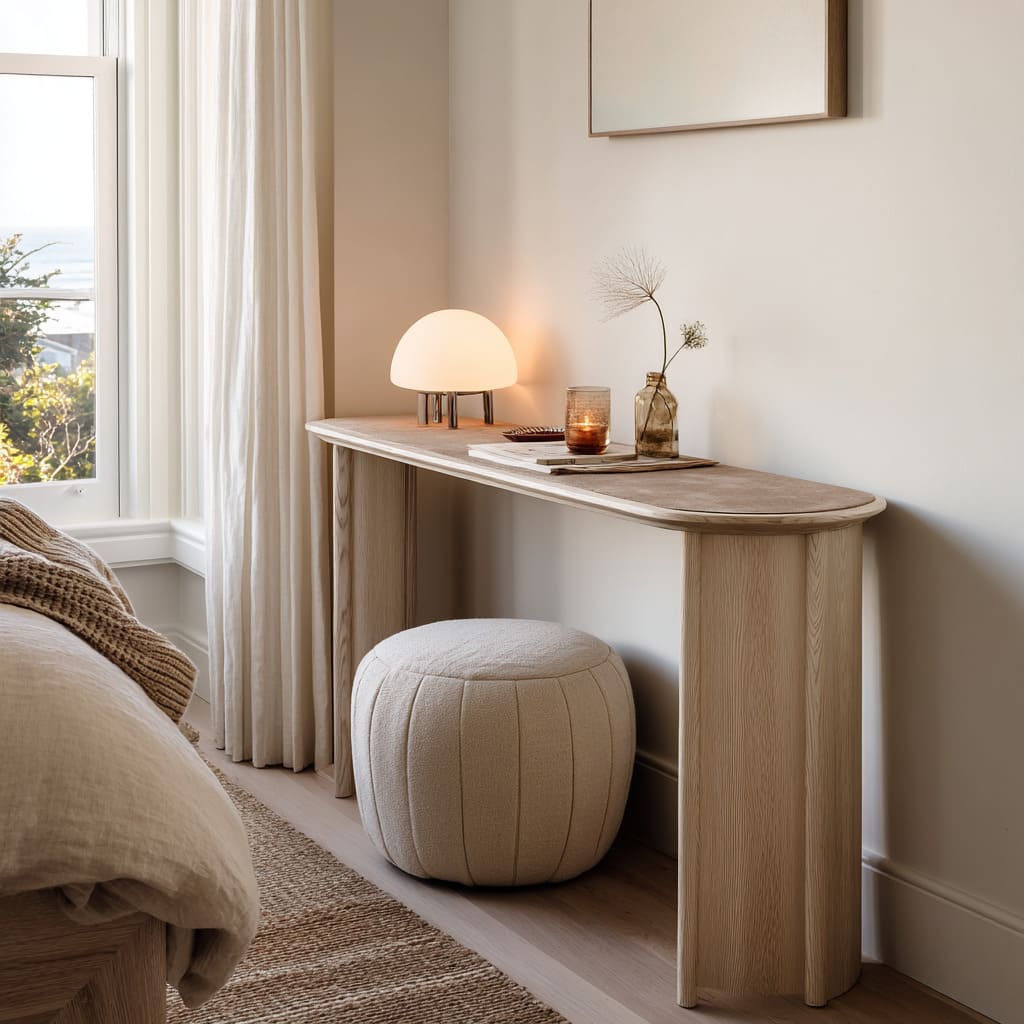 Consola de dormitorio con extremo redondeado, puf guardado debajo, luz suave y paleta neutra junto a la cama Consola de dormitorio con extremo redondeado, puf guardado debajo, luz suave y paleta neutra junto a la cama