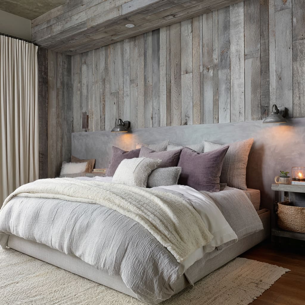 Ideas rústicas en púrpura y plata con pared de madera desgastada, franja de yeso cemento y apliques envejecidos. Ideas rústicas en púrpura y plata con pared de madera desgastada, franja de yeso cemento y apliques envejecidos.