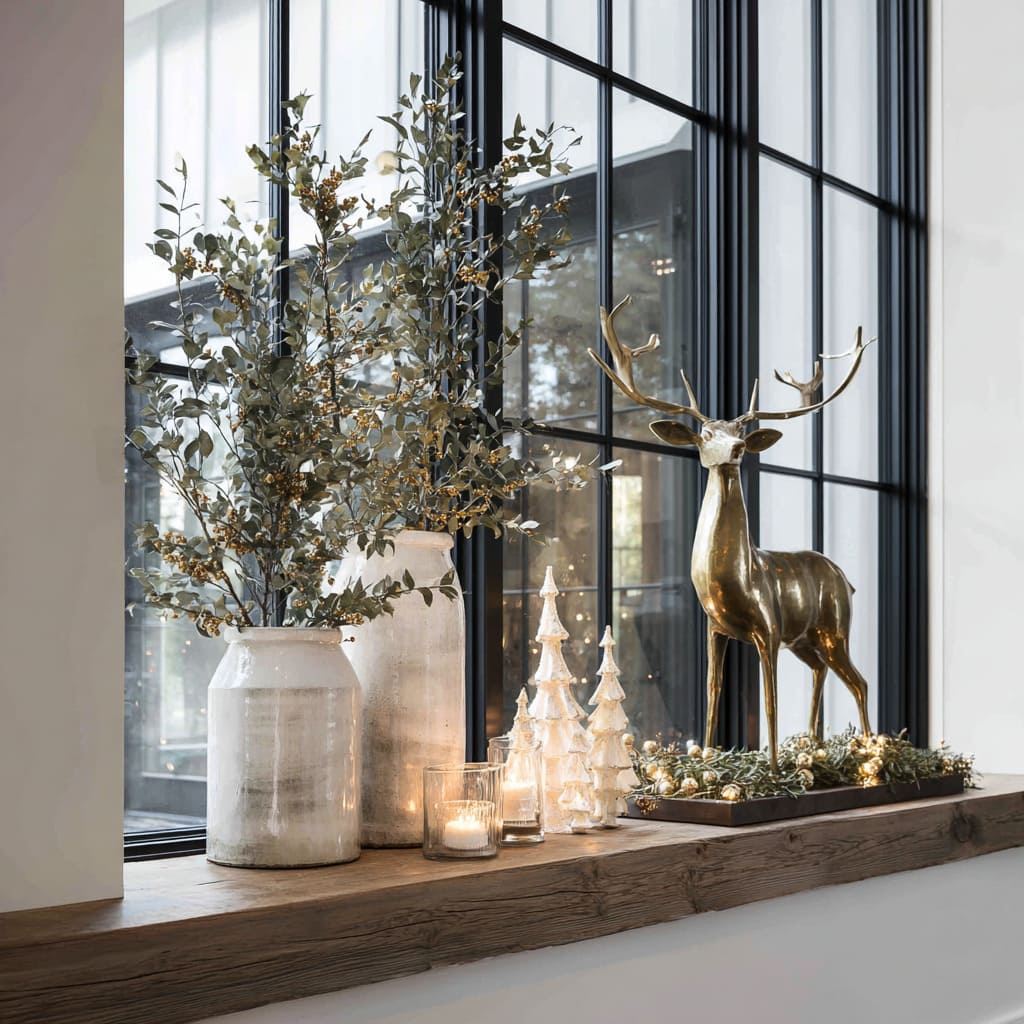 Alféizar rústico de madera con jarrones cerámicos, ramas de eucalipto, figuras de árboles blancos, ciervo de latón y portavelas de vidrio en una paleta cálida de latón y blanco roto. Alféizar rústico de madera con jarrones cerámicos, ramas de eucalipto, figuras de árboles blancos, ciervo de latón y portavelas de vidrio en una paleta cálida de latón y blanco roto.