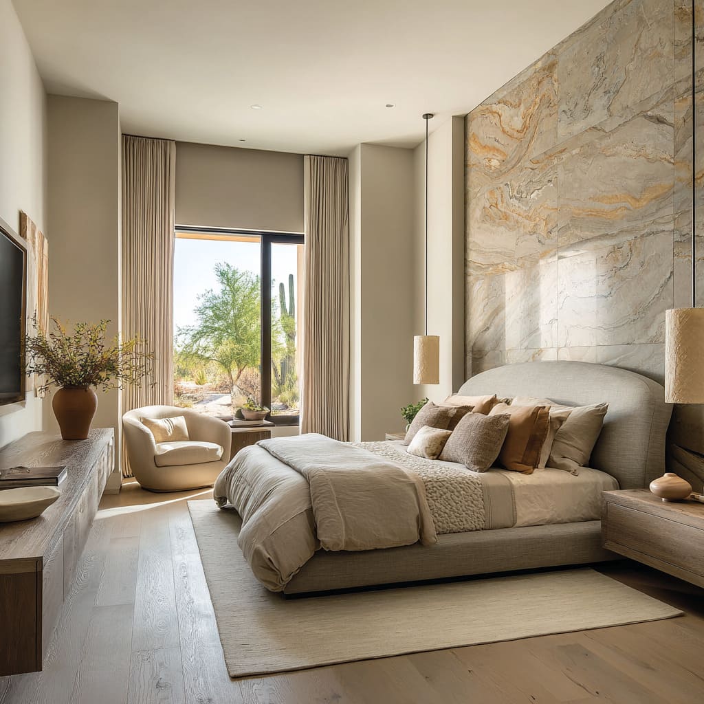 Sand bedroom concept with a dramatic veined stone feature wall, low curved bed, layered oat bedding, slender pendant lights Sand bedroom concept with a dramatic veined stone feature wall, low curved bed, layered oat bedding, slender pendant lights