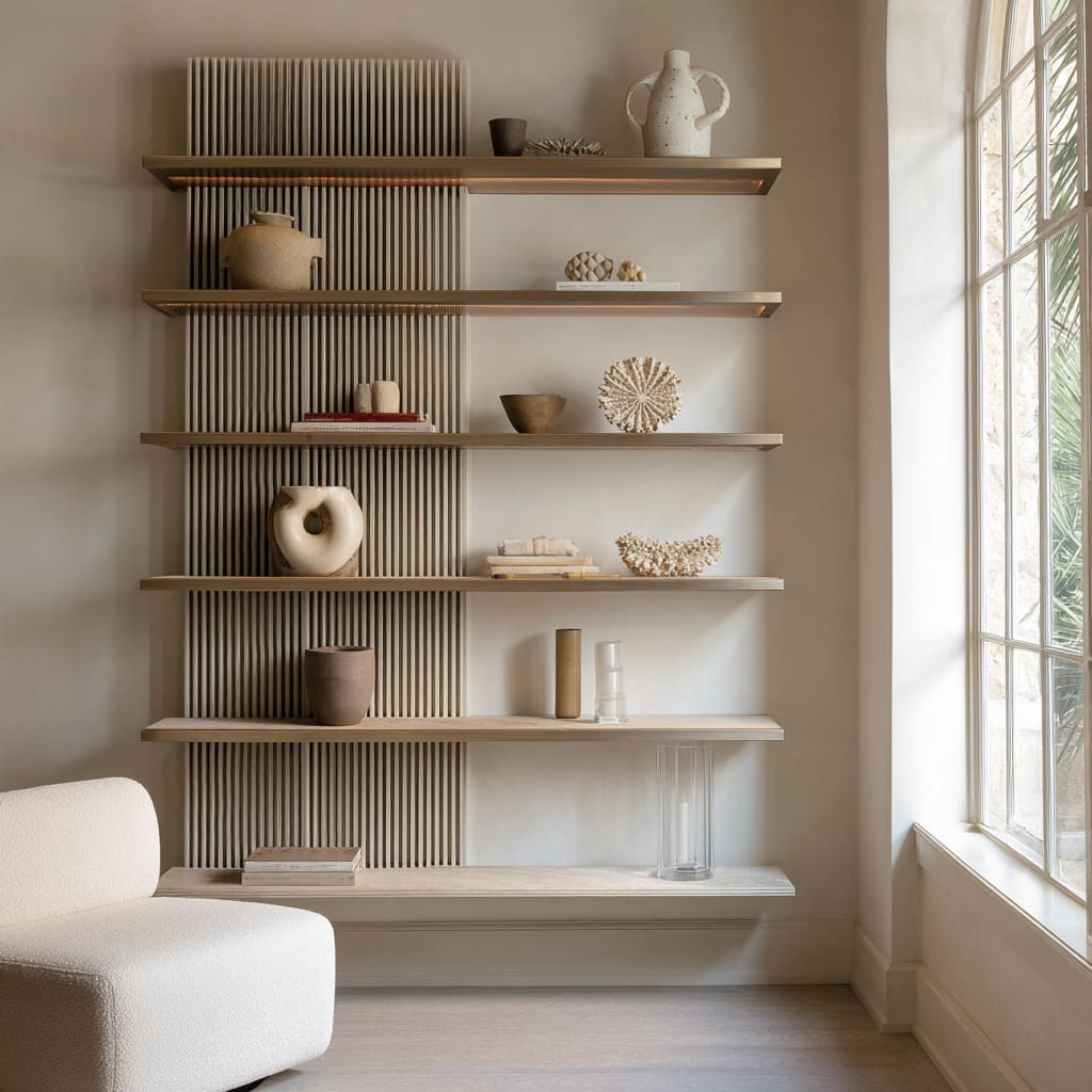 Sand-oak long shelves with ribbed design backdrop, neutral ceramics, soft books Sand-oak long shelves with ribbed design backdrop, neutral ceramics, soft books