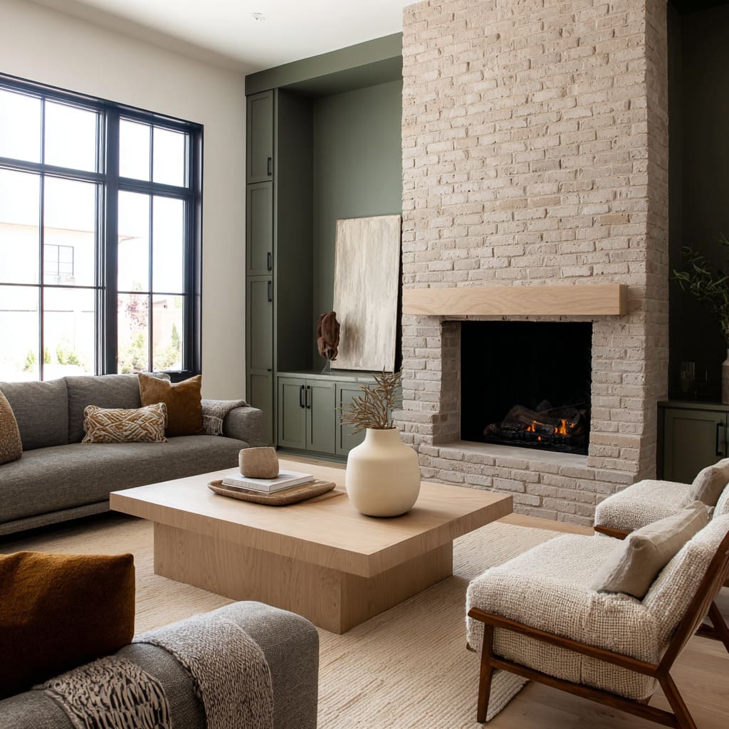 Ideas en arenisca beige con paredes verde oliva profundas, grises suaves y tonos de madera natural. Ideas en arenisca beige con paredes verde oliva profundas, grises suaves y tonos de madera natural.