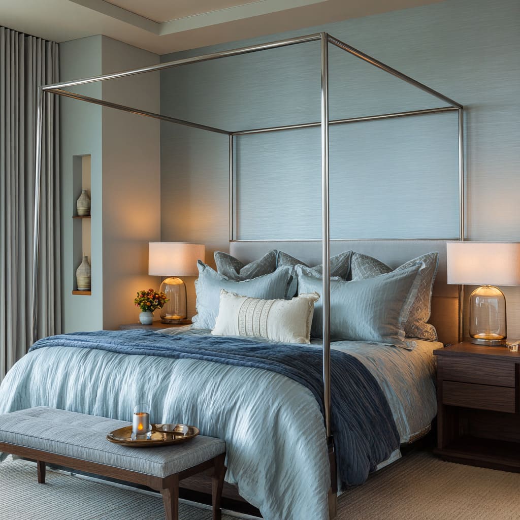 Satin and brushed steel bedroom concept with silver four-poster bed, amber lighting, and coastal evening mood Satin and brushed steel bedroom concept with silver four-poster bed, amber lighting, and coastal evening mood