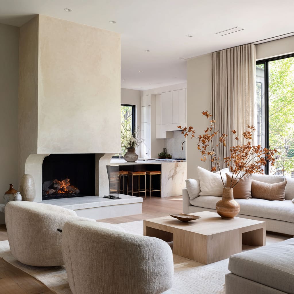 Sculpted plaster chimney design with rounded forms, creamy seating, terracotta vase, and warm marble kitchen view Sculpted plaster chimney design with rounded forms, creamy seating, terracotta vase, and warm marble kitchen view