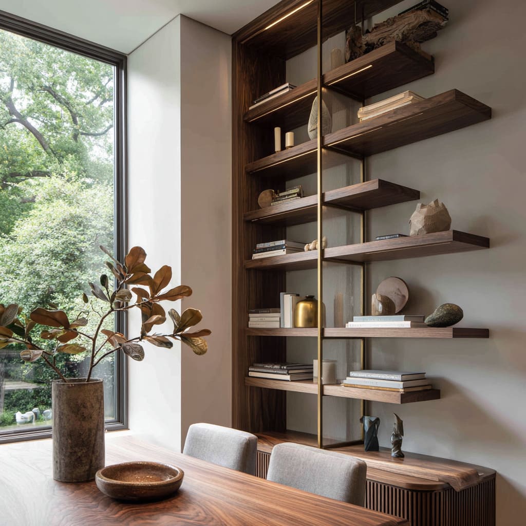 Sculptural corner shelves design with slim brass spine, carved stones, books, walnut credenza Sculptural corner shelves design with slim brass spine, carved stones, books, walnut credenza