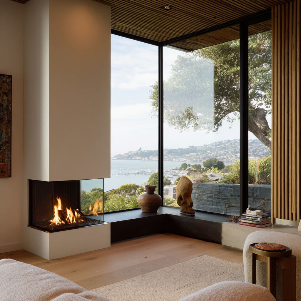 Sala frente al mar con pequeña chimenea en esquina de vidrio, ventanales amplios, repisa baja larga, techo de listones y tapicería clara Sala frente al mar con pequeña chimenea en esquina de vidrio, ventanales amplios, repisa baja larga, techo de listones y tapicería clara