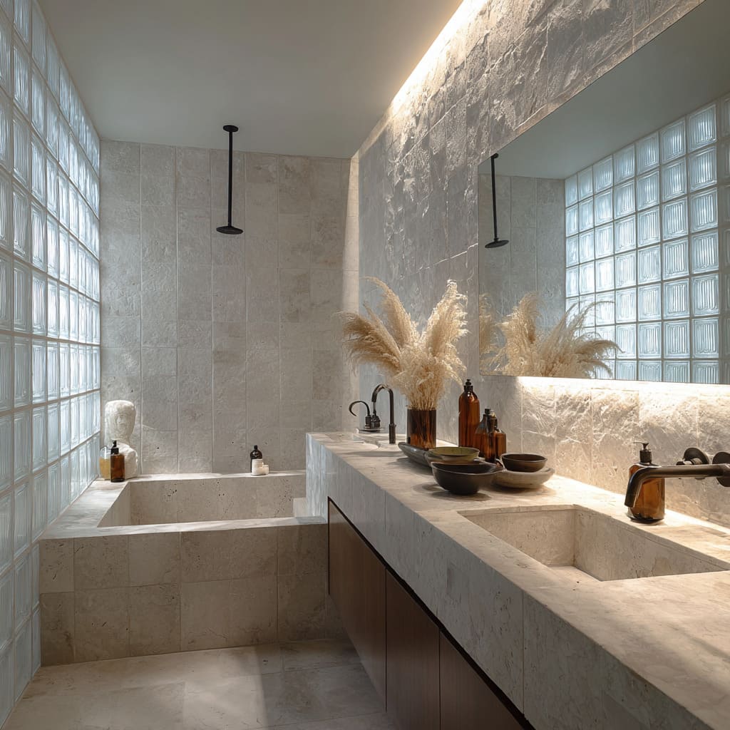 Serene bathroom concept with a glowing glass block wall beside a stone-wrapped tub, a long stone vanity with warm wood accents Serene bathroom concept with a glowing glass block wall beside a stone-wrapped tub, a long stone vanity with warm wood accents