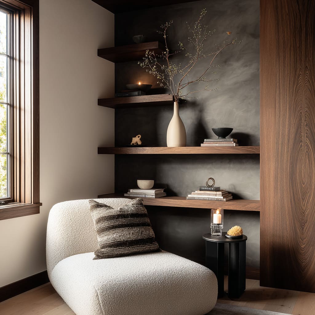 Shelves against charcoal plaster with tall ivory vase, writing ledge, minimal ceramics Shelves against charcoal plaster with tall ivory vase, writing ledge, minimal ceramics