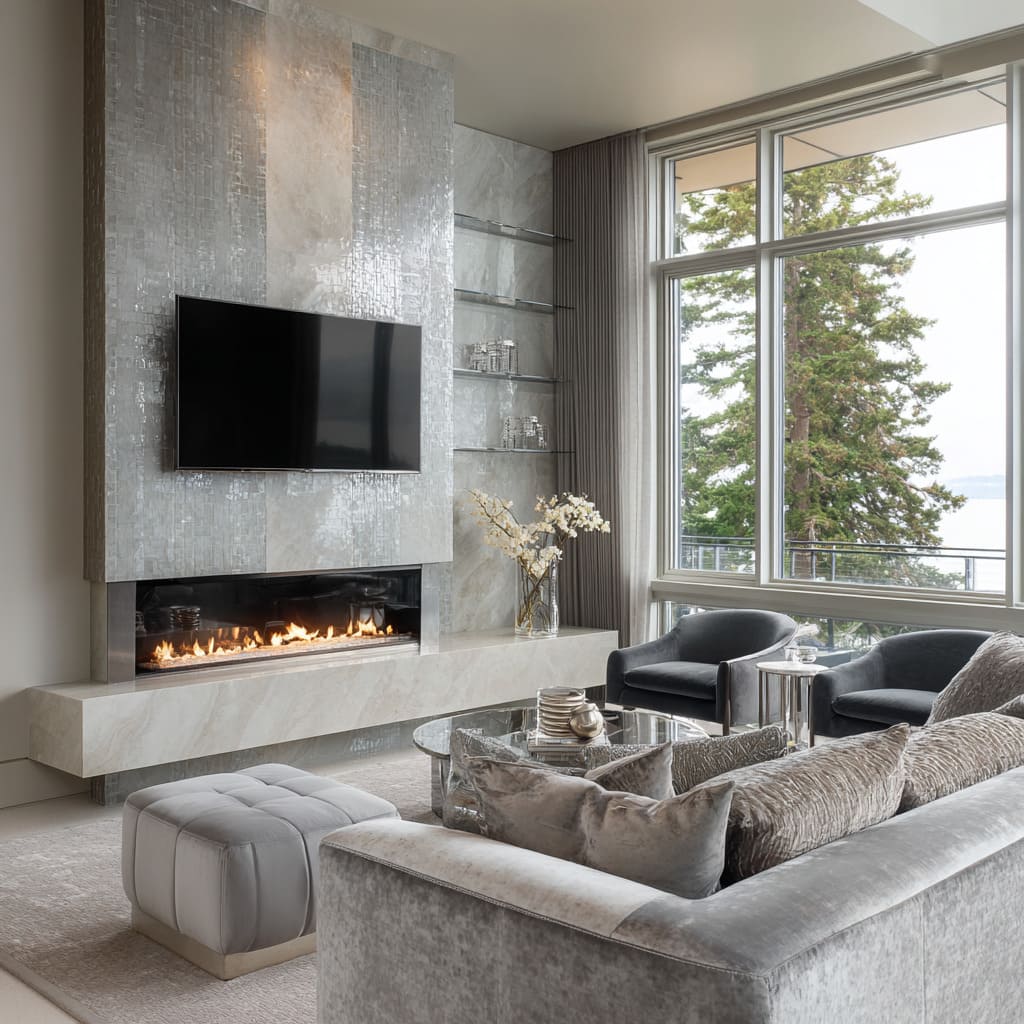 Silver and grey living room design with mosaic wall, cantilevered limestone bench, velvet sectional