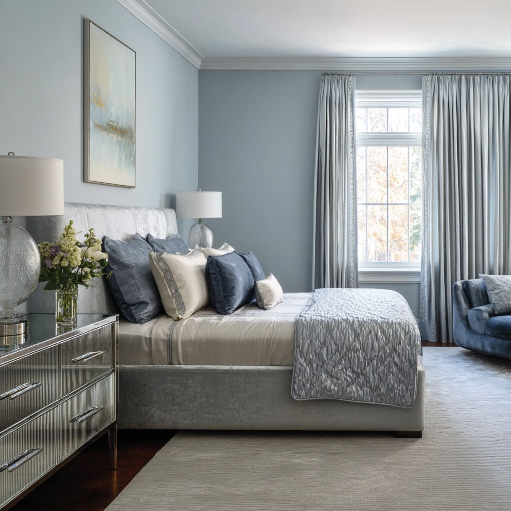 Silver velvet bed with soft blue walls, mirrored dresser, and airy hotel-style calm Silver velvet bed with soft blue walls, mirrored dresser, and airy hotel-style calm