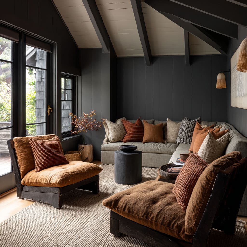 Simple Dark Paneling, Sloped Ceiling, Soft Rustic Fabrics, and Boho Warmth Simple Dark Paneling, Sloped Ceiling, Soft Rustic Fabrics, and Boho Warmth