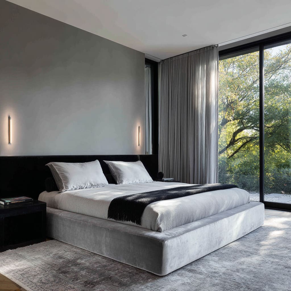 Simple black and silver bedroom design with pale velvet bed, flat graphite wall, narrow sconces Simple black and silver bedroom design with pale velvet bed, flat graphite wall, narrow sconces