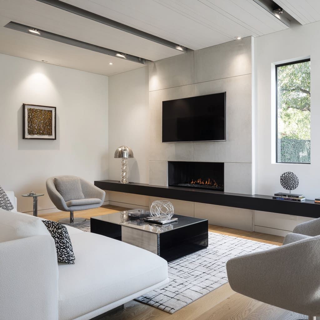 Sala sencilla con toque mid-century en blanco, negro y plata con chimenea de piedra, línea de hogar en carbón y chaise blanca Sala sencilla con toque mid-century en blanco, negro y plata con chimenea de piedra, línea de hogar en carbón y chaise blanca