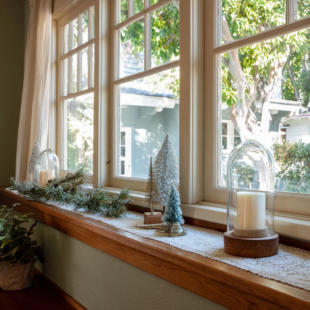 Alféizar sencillo con camino de encaje, campanas de vidrio, guirnalda de pino escarchado y arbolitos de cepillo dispuestos con una elegancia vintage ligera. Alféizar sencillo con camino de encaje, campanas de vidrio, guirnalda de pino escarchado y arbolitos de cepillo dispuestos con una elegancia vintage ligera.