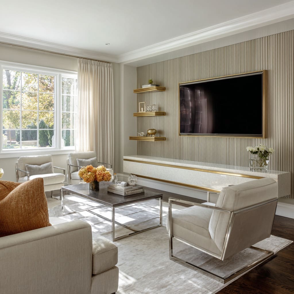 Sleek silver pinstriped family room decorating ideas with brass console underline, stainless frames, curated gold decor Sleek silver pinstriped family room decorating ideas with brass console underline, stainless frames, curated gold decor