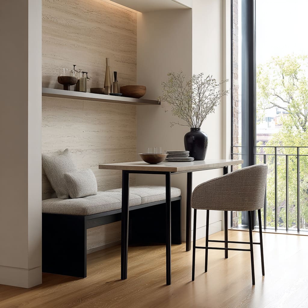 Slim console idea in a niche with needle-thin legs, paired with a bench cushion and textured armchair Slim console idea in a niche with needle-thin legs, paired with a bench cushion and textured armchair