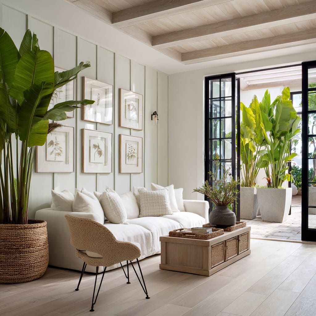 Slim misty-green battens with framed botanical art, pale sofa, woven chair, wood coffee table Slim misty-green battens with framed botanical art, pale sofa, woven chair, wood coffee table