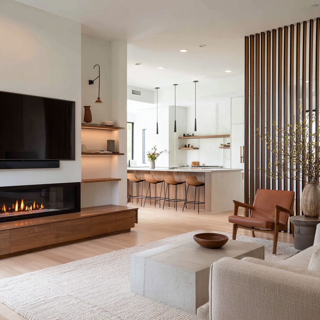Slim walnut hearth console, underlit shelves, caramel leather sling chair, concrete table, and ribbed rug Slim walnut hearth console, underlit shelves, caramel leather sling chair, concrete table, and ribbed rug
