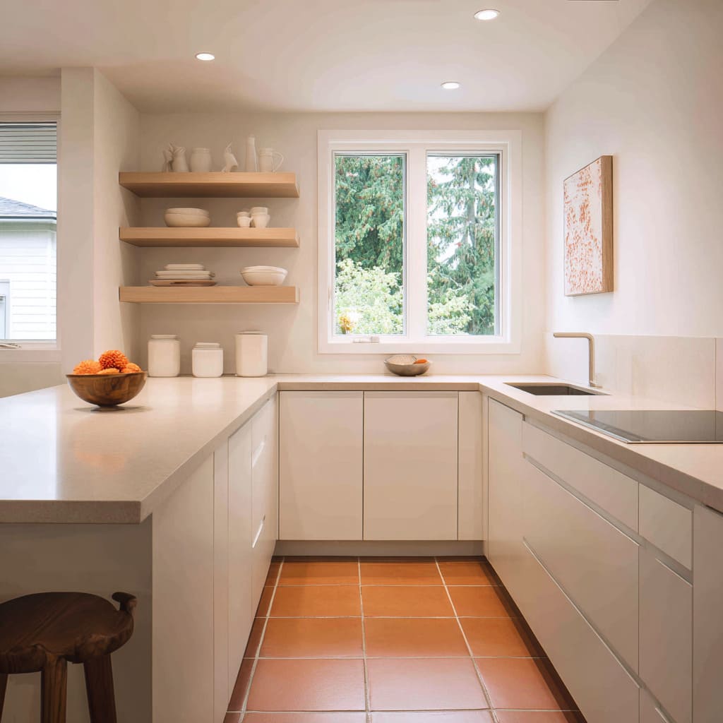 Ideas para cocina blanca en U estrecha con una sola franja de grandes baldosas cuadradas de terracota en el suelo y muebles lisos en blanco suave Ideas para cocina blanca en U estrecha con una sola franja de grandes baldosas cuadradas de terracota en el suelo y muebles lisos en blanco suave