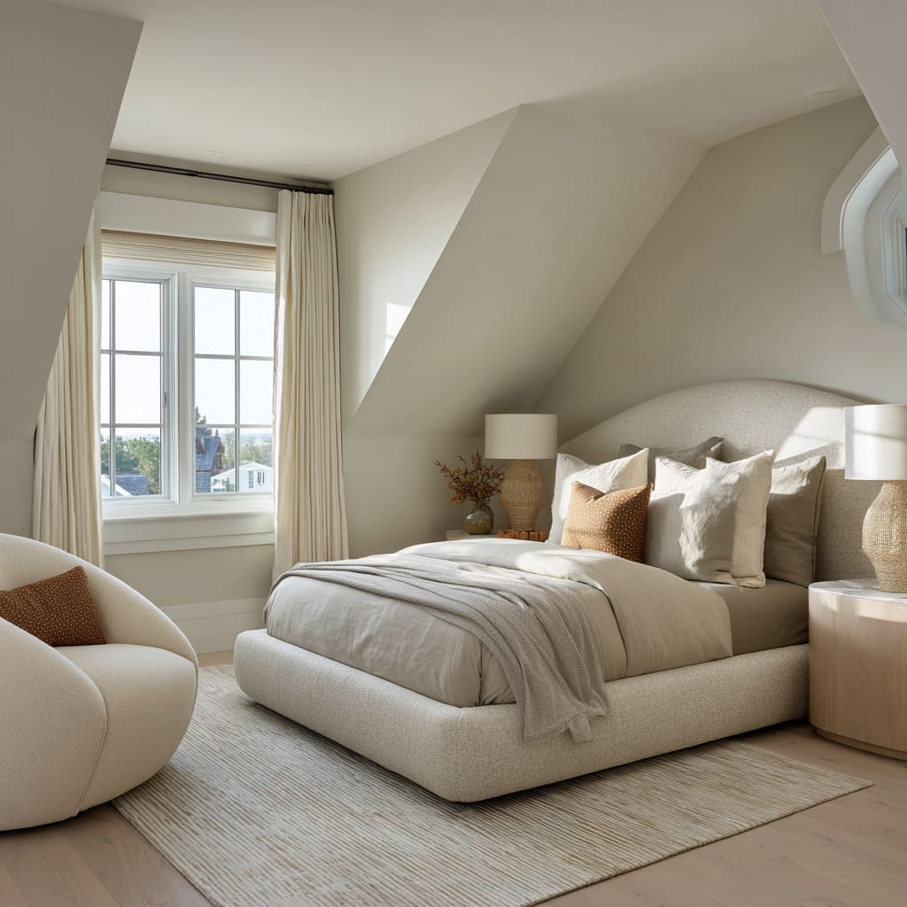 Sloped-roof sand bedroom concept with arched headboard, textured oat fabrics, ribbed rug, boucle lounge chair Sloped-roof sand bedroom concept with arched headboard, textured oat fabrics, ribbed rug, boucle lounge chair