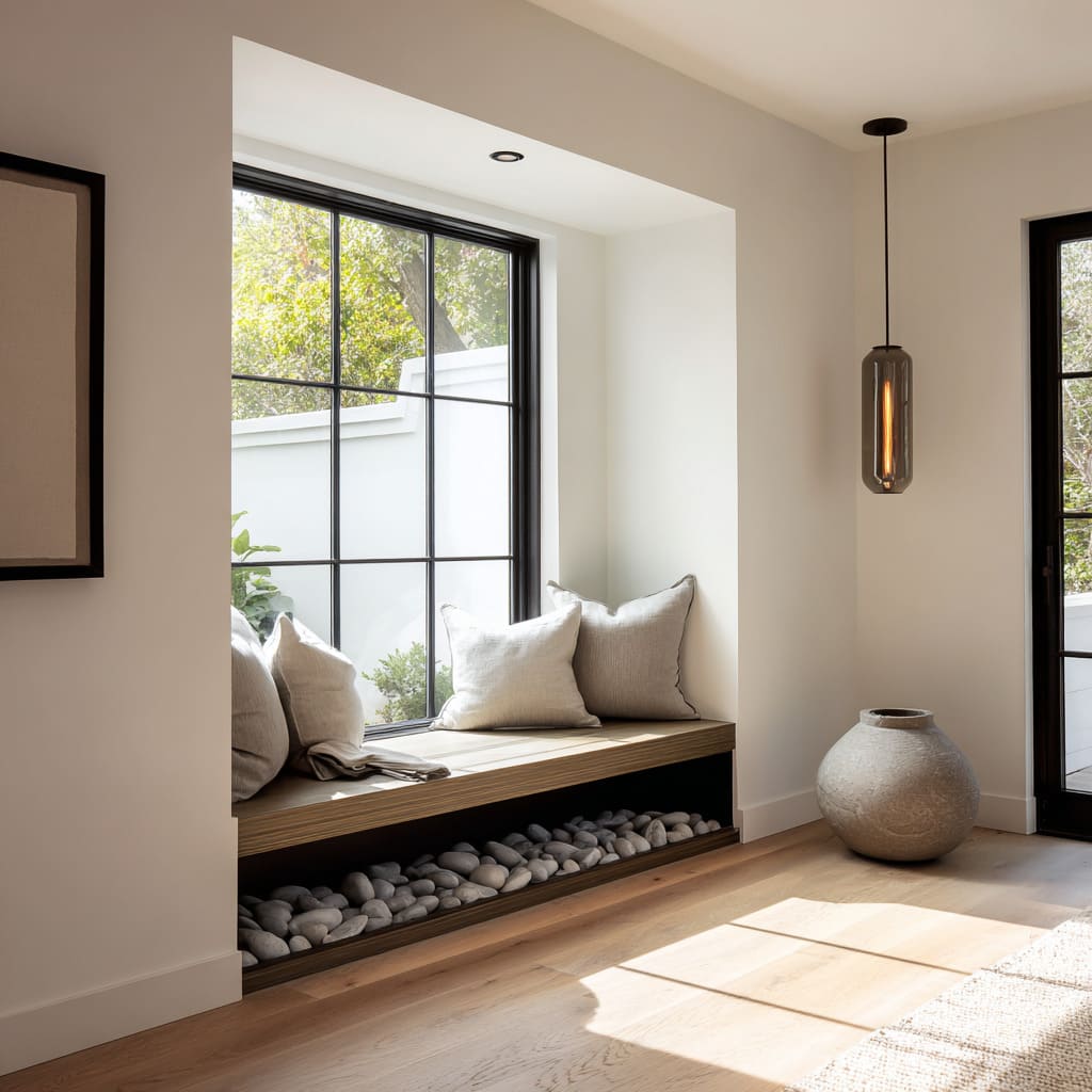 Small nook design with wood bench, river-stone base shelf, oversize pillows, smoked-glass pendant, and large ceramic pot Small nook design with wood bench, river-stone base shelf, oversize pillows, smoked-glass pendant, and large ceramic pot