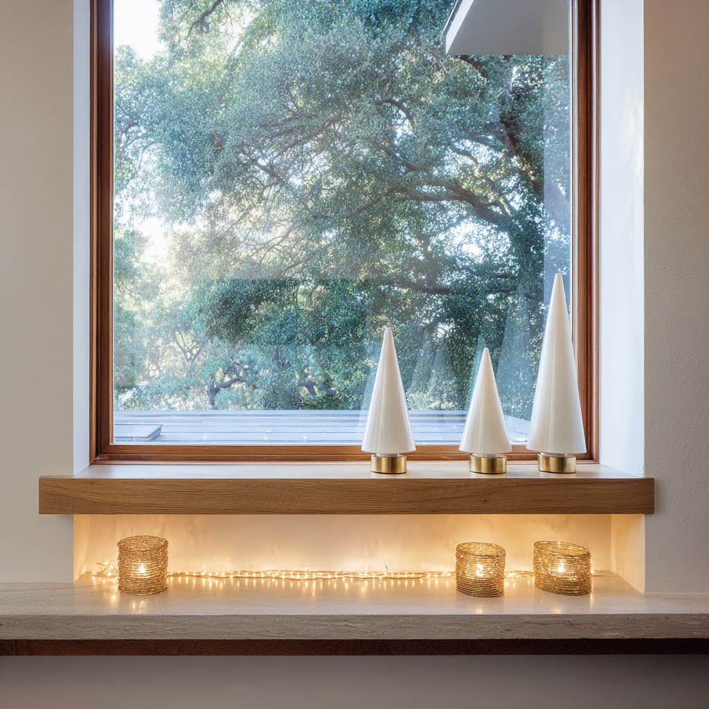 Pequeño nicho de roble con arbolitos blancos sobre bases de latón, portavelas tejidos color champán y luces cálidas que enmarcan una viñeta navideña minimalista. Pequeño nicho de roble con arbolitos blancos sobre bases de latón, portavelas tejidos color champán y luces cálidas que enmarcan una viñeta navideña minimalista.