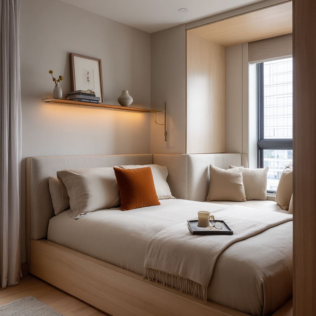 Small room corner bed design with padded L-shaped back Small room corner bed design with padded L-shaped back