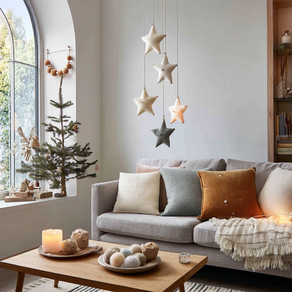 Small sitting area concept featuring hanging plush star cushions, neutral sofa with mint and amber pillows, slim tree in an arched niche Small sitting area concept featuring hanging plush star cushions, neutral sofa with mint and amber pillows, slim tree in an arched niche