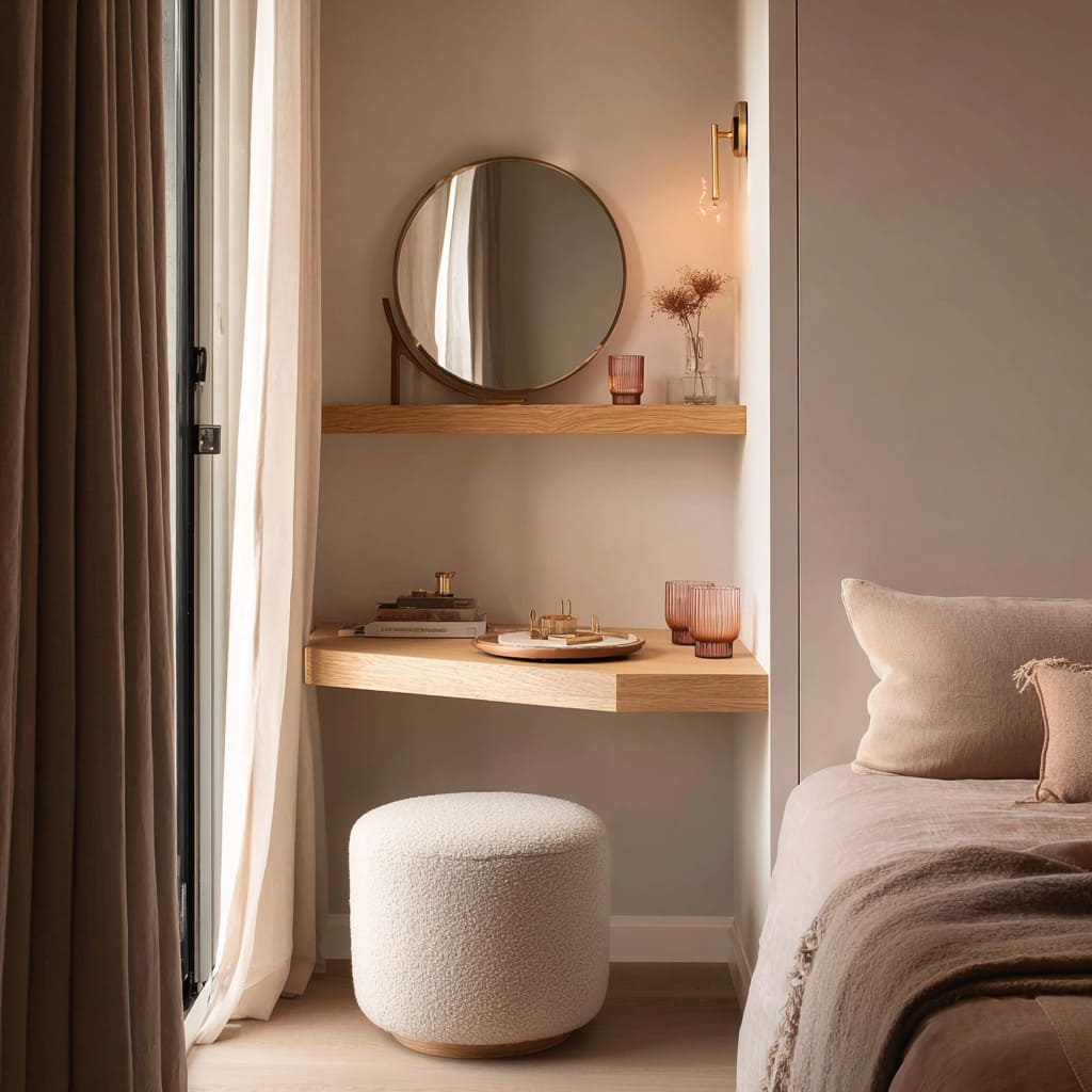Nicho de tocador para dormitorio con repisa biselada, espejo redondo, bandejas de vidrio y puf junto a la puerta del balcón Nicho de tocador para dormitorio con repisa biselada, espejo redondo, bandejas de vidrio y puf junto a la puerta del balcón