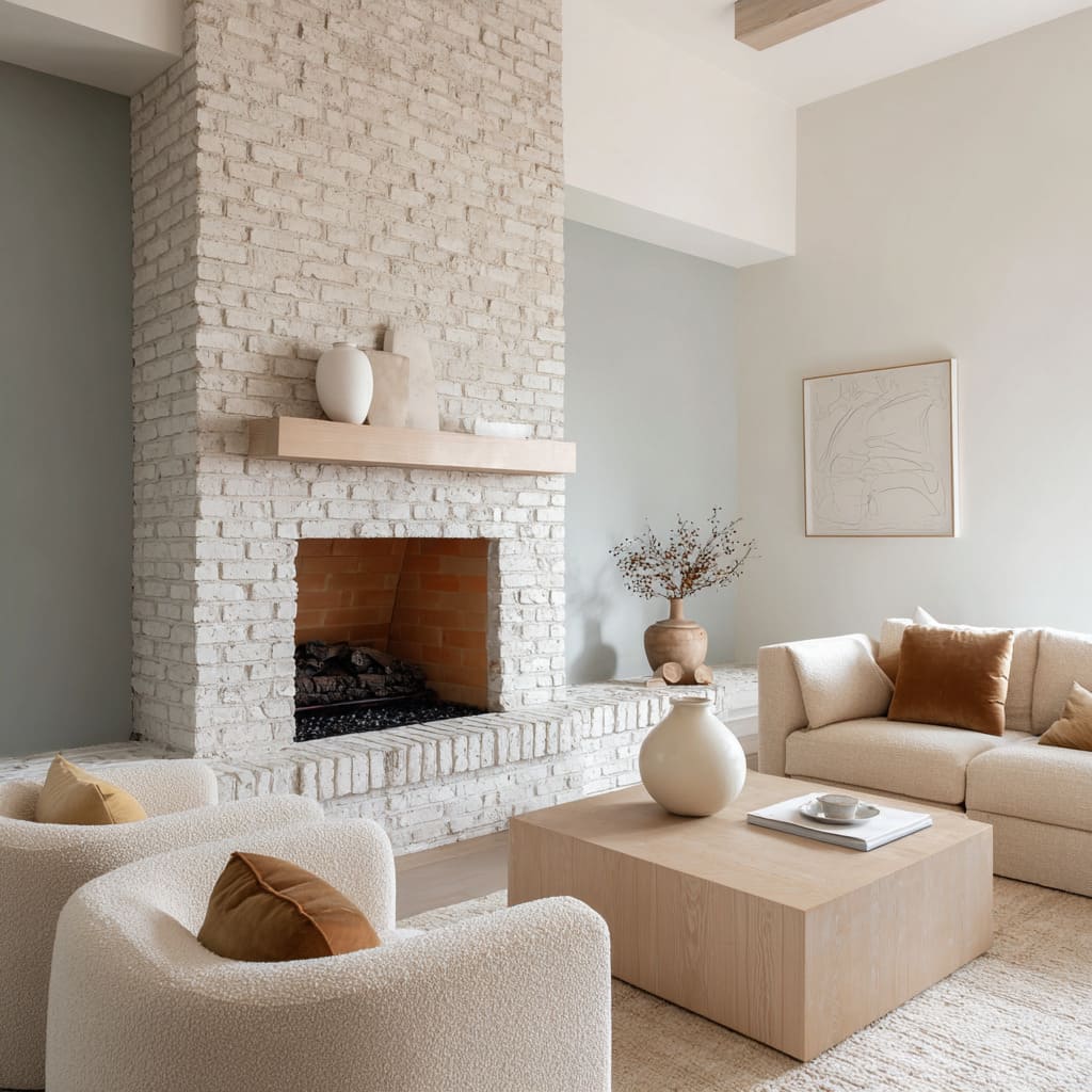 Chimenea en ladrillo blanqueado suave con neutros claros y una calidez delicada. Chimenea en ladrillo blanqueado suave con neutros claros y una calidez delicada.