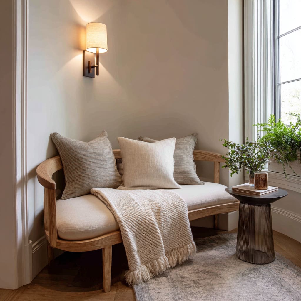 Sillón arqueado en hueco poco profundo, mesita redonda, vela y textiles neutros en capas Sillón arqueado en hueco poco profundo, mesita redonda, vela y textiles neutros en capas