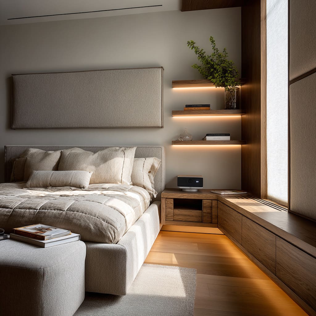 Soft bed with pale wood back, slim upholstered rails, recessed plinth for floating look, extra-long shelf with glow Soft bed with pale wood back, slim upholstered rails, recessed plinth for floating look, extra-long shelf with glow