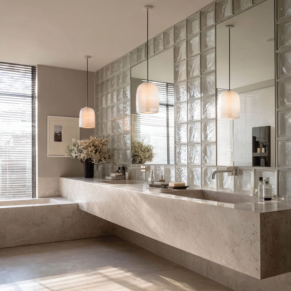 Soft beige bathroom ideas with a glowing glass block wall behind a long stone vanity, pendant lights with milky shades Soft beige bathroom ideas with a glowing glass block wall behind a long stone vanity, pendant lights with milky shades