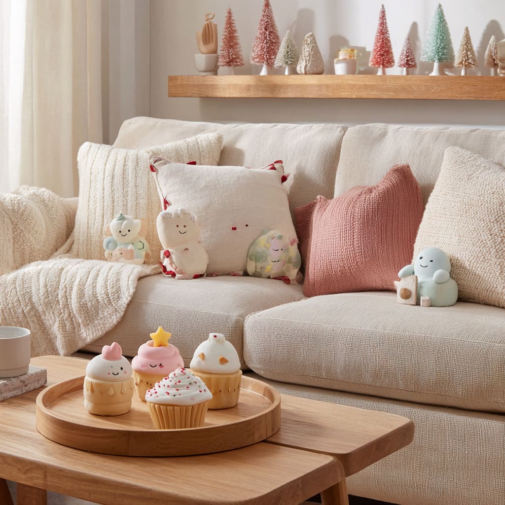 Soft cream sofa styled with plush pastel characters, chunky knits, cupcake-shaped ornaments on a wooden tray Soft cream sofa styled with plush pastel characters, chunky knits, cupcake-shaped ornaments on a wooden tray