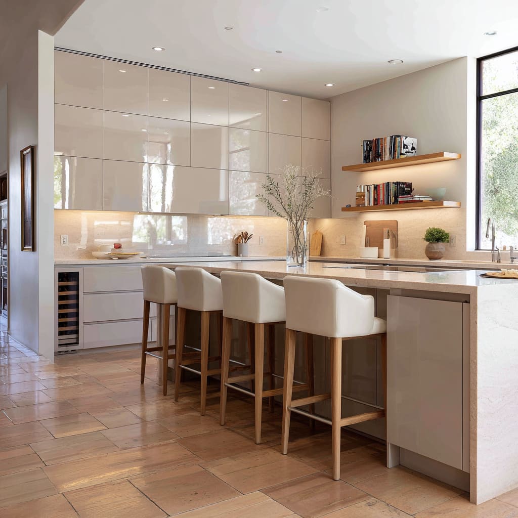 Soft glossy kitchen ideas with satin terracotta plank floor and creamy cabinets