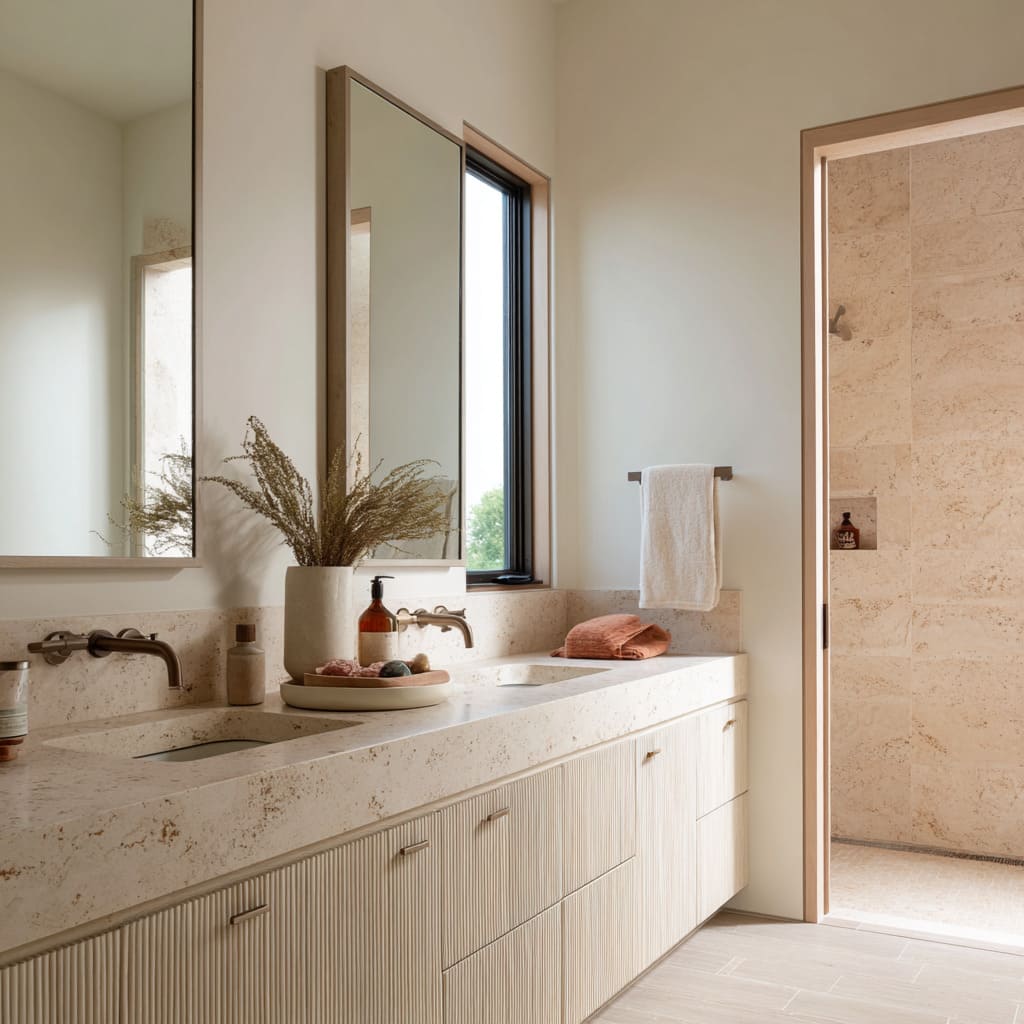 Soft-grain sand bathroom concept with ribbed vanity fronts and warm stone countertop Soft-grain sand bathroom concept with ribbed vanity fronts and warm stone countertop