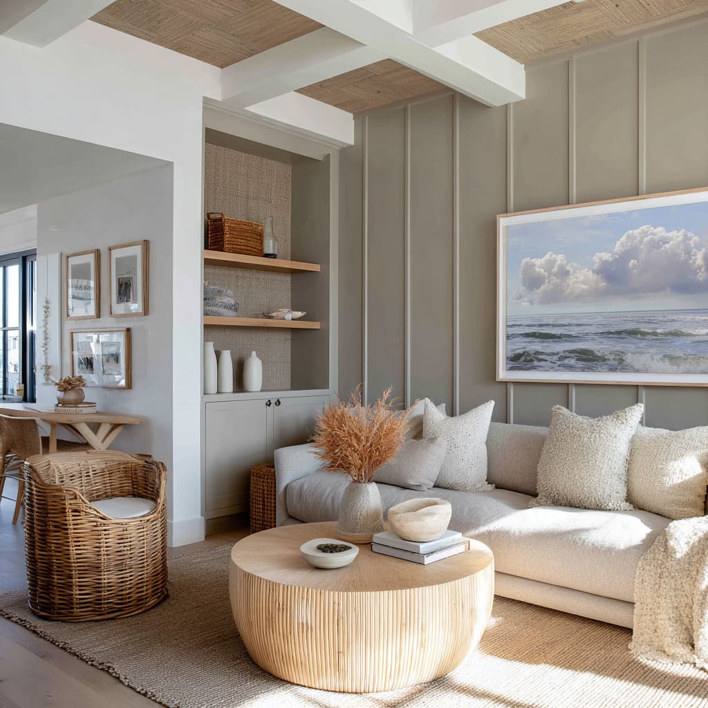 Soft grey wall style with slim vertical battens, built-in niche filled with woven texture, wood shelves Soft grey wall style with slim vertical battens, built-in niche filled with woven texture, wood shelves