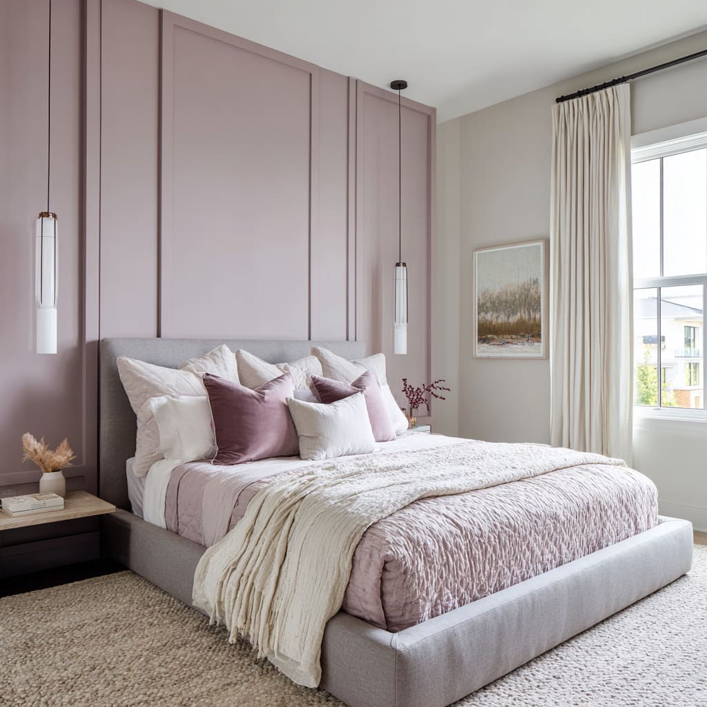 Ideas suaves en malva y plata con pared moldurada, colgantes de vidrio, colcha lila y cortinas marfil. Ideas suaves en malva y plata con pared moldurada, colgantes de vidrio, colcha lila y cortinas marfil.