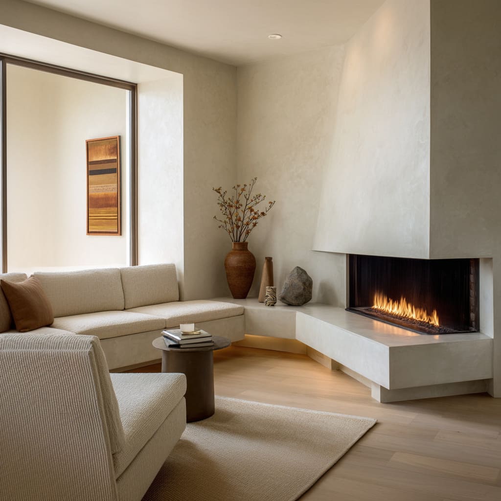 Diseño suave y moderno de chimenea en esquina con base facetada, zócalo iluminado, asientos crema acanalados y tonos cálidos de madera Diseño suave y moderno de chimenea en esquina con base facetada, zócalo iluminado, asientos crema acanalados y tonos cálidos de madera