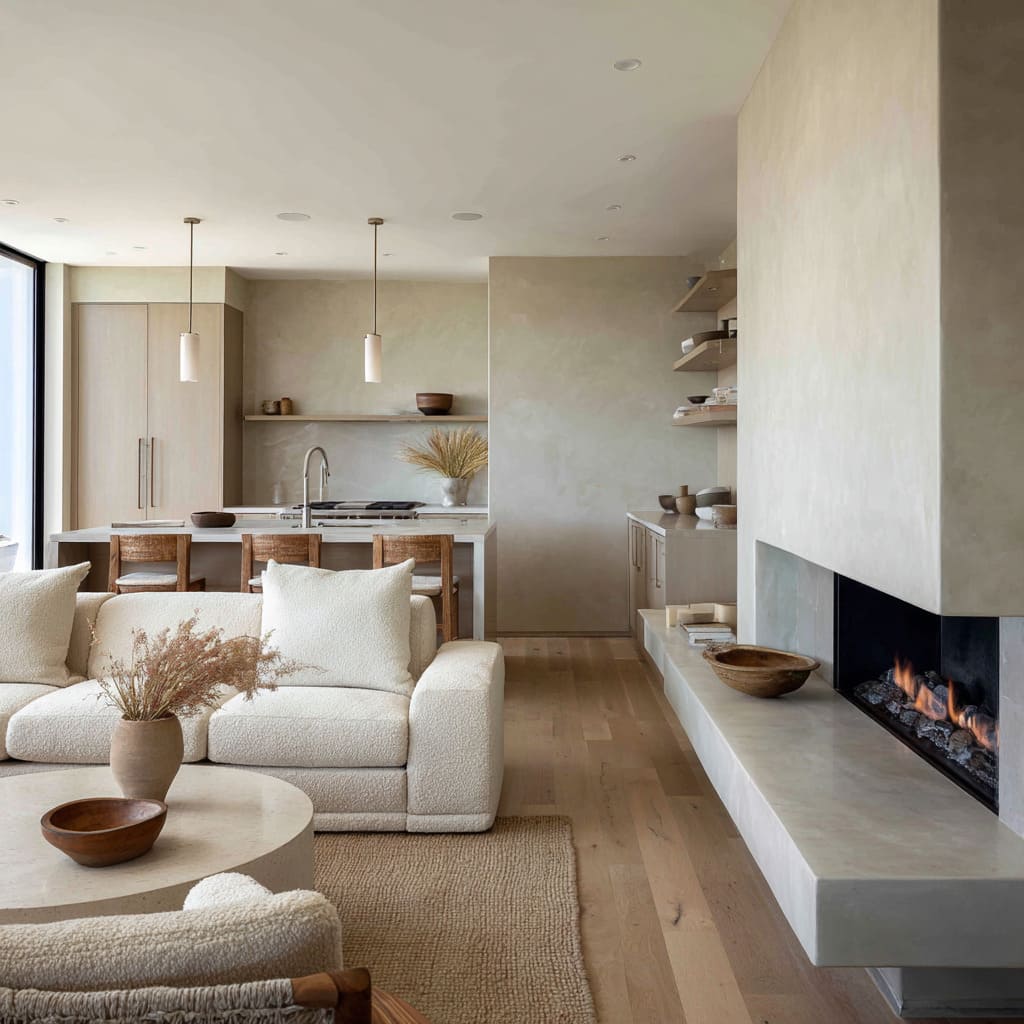 Soft plaster chimney design and oak floors, deep boucle sofa, clay accents, jute rug, and kitchen sightline connection Soft plaster chimney design and oak floors, deep boucle sofa, clay accents, jute rug, and kitchen sightline connection