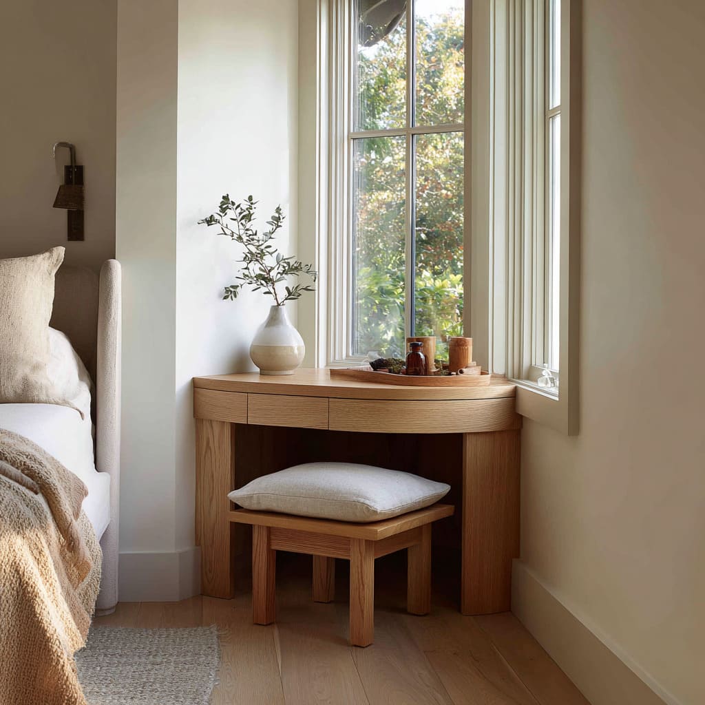 Console curva y suave para esquina de dormitorio, tapa redondeada, taburete cuadrado encajado y decoración mínima junto a la ventana Console curva y suave para esquina de dormitorio, tapa redondeada, taburete cuadrado encajado y decoración mínima junto a la ventana