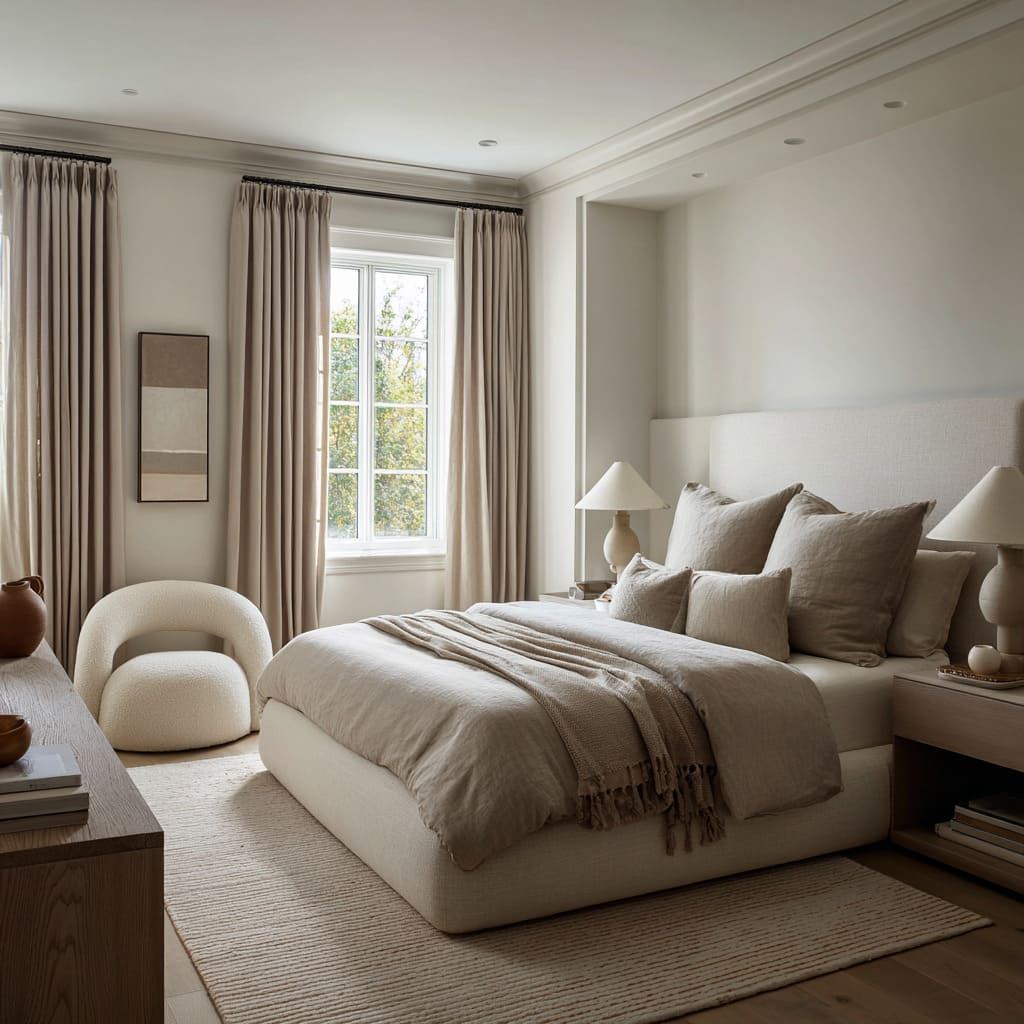 Soft stone-sand bedroom design with a padded platform bed, warm mushroom curtains, minimal nightstands, sculptural lamps Soft stone-sand bedroom design with a padded platform bed, warm mushroom curtains, minimal nightstands, sculptural lamps