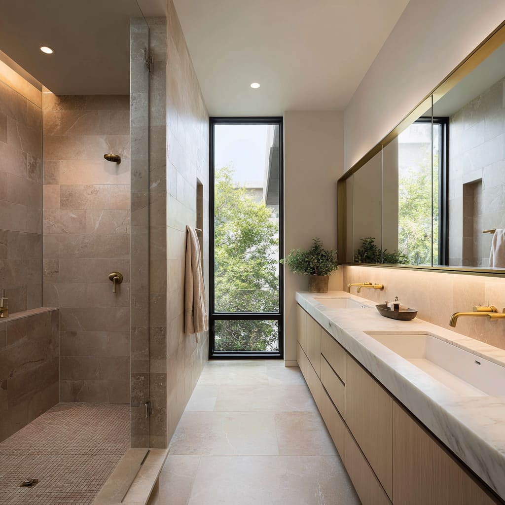 Softened clay–sand bathroom concept with tall window and low, quiet vanity line Softened clay–sand bathroom concept with tall window and low, quiet vanity line