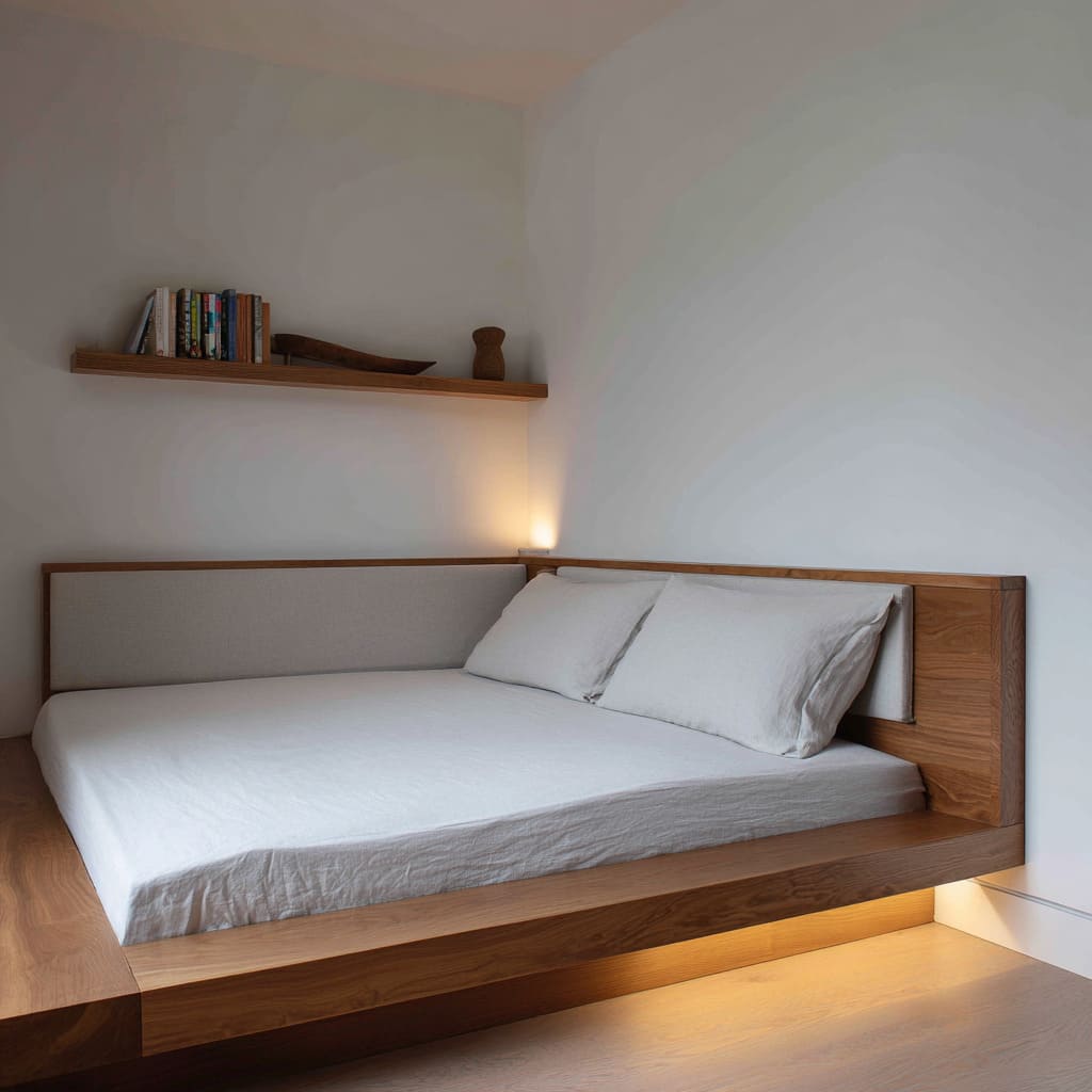 Sophisticated corner bed concept wrapped by tall channeled panels, warm cove lighting, neutral palette, gold velvet pillows, and slim bench with fine legs Sophisticated corner bed concept wrapped by tall channeled panels, warm cove lighting, neutral palette, gold velvet pillows, and slim bench with fine legs