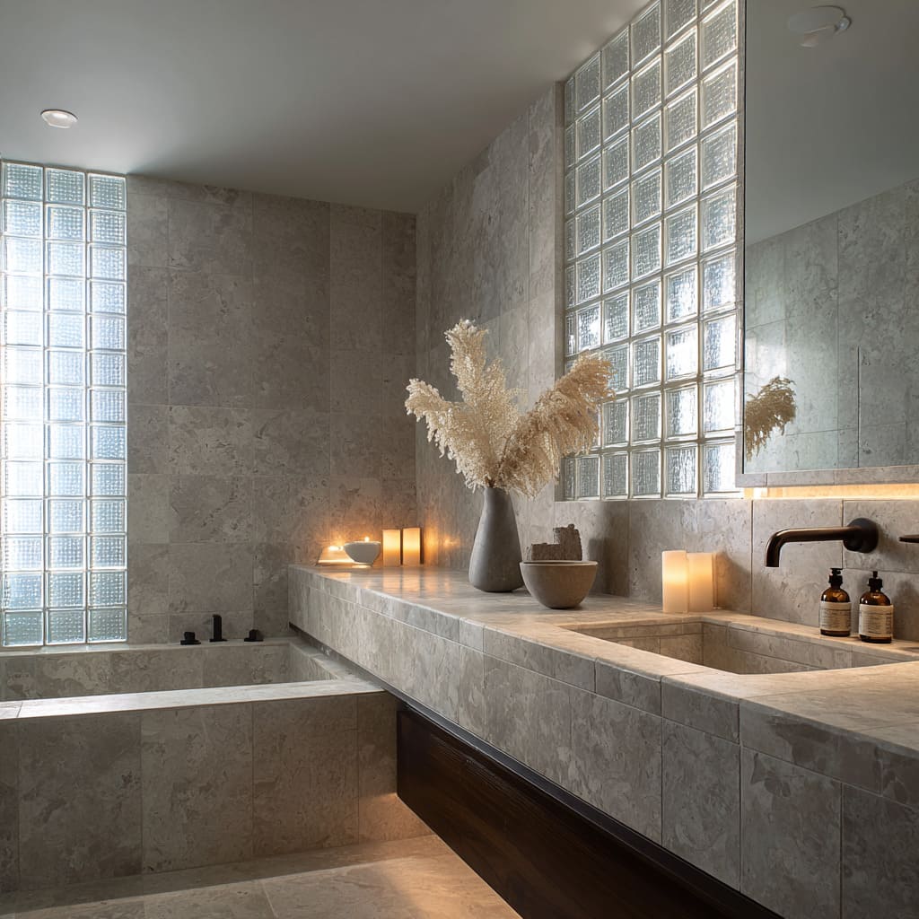 Spa-like bathroom concept with dual glass block panels behind a tub and vanity, floating stone counters, pampas decor Spa-like bathroom concept with dual glass block panels behind a tub and vanity, floating stone counters, pampas decor