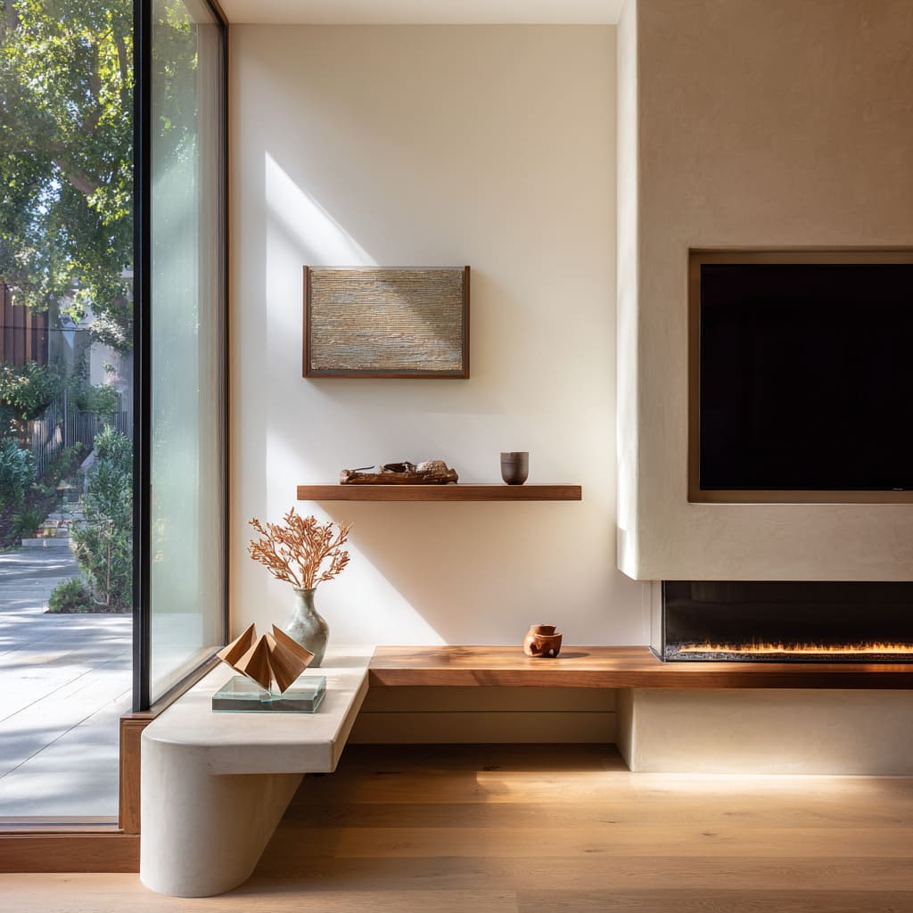 Split-material bench with stone leg and walnut span, thin shelf with minimal objects, faceted decor, and fireplace Split-material bench with stone leg and walnut span, thin shelf with minimal objects, faceted decor, and fireplace